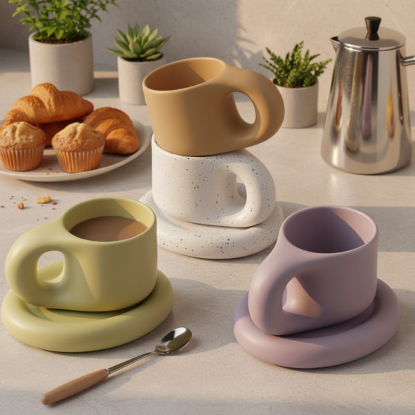 Nordic Ceramic Cute Coffee Cup and Saucer Set, Unique Design, 270ml Custom Ceramic Cup Gift.
